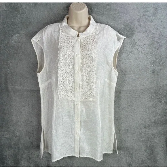 Coldwater Creek Linen Blend Crochet Lace Button Up Blouse XL Cottagecore Boho - Picture 1 of 8